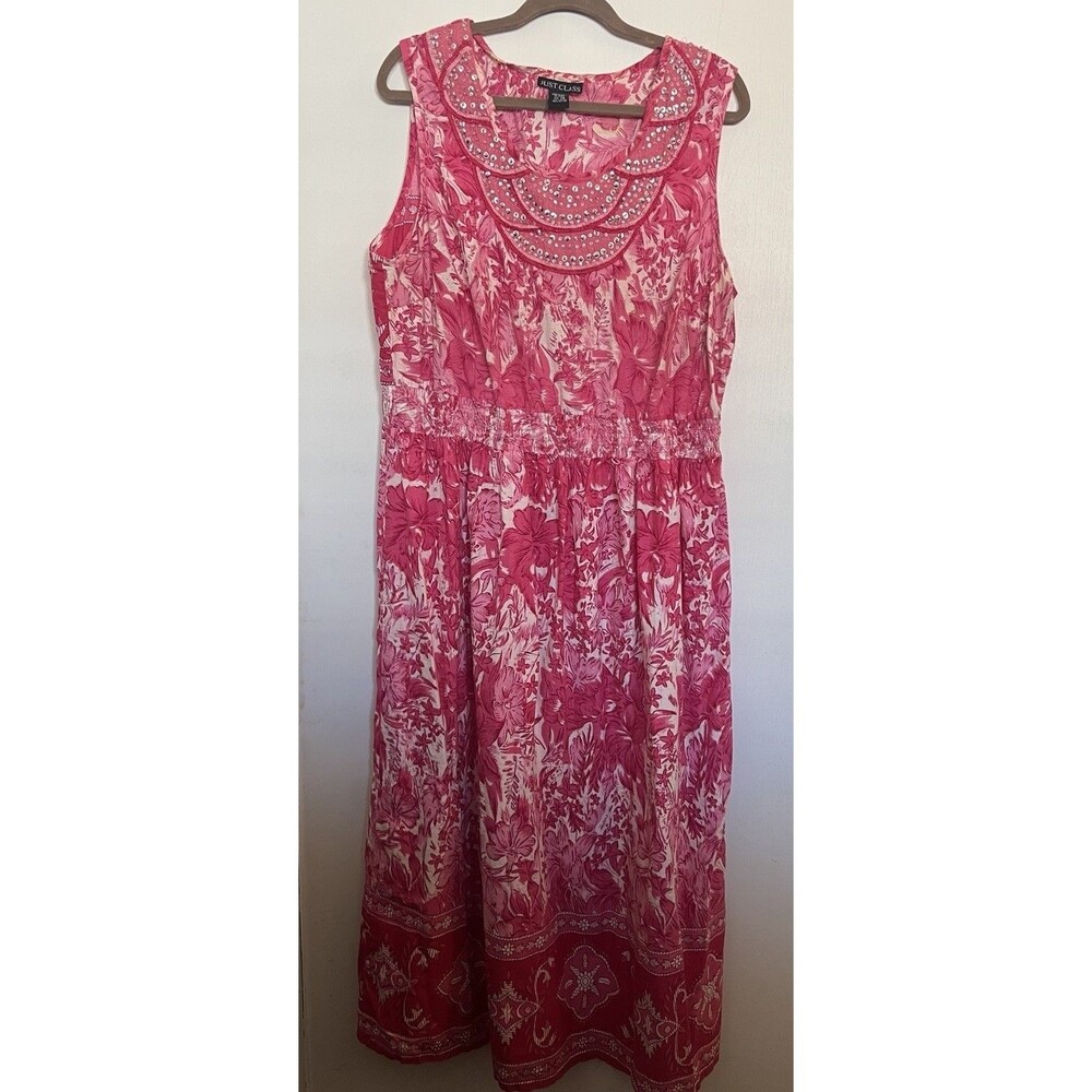 Just Class Pink Floral Beaded Sundress Plus Size 2X Sleeveless Casual